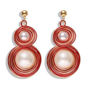 Gold Red Contemporary Round Pearl Drop Earrings